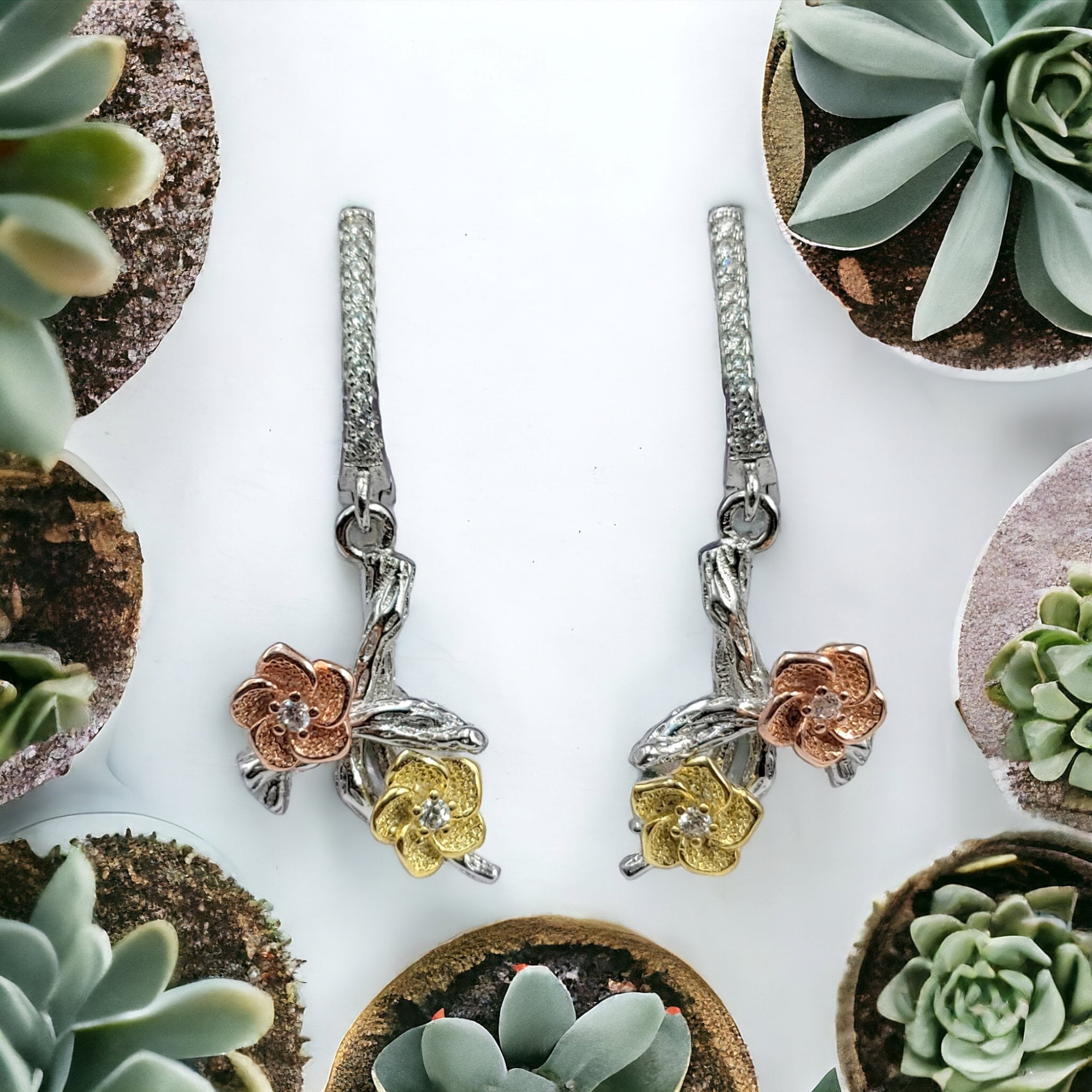 Minimalist Pretty Floral Rose Dangle Drop Earrings With English Lock and Pendant Set 925 Sterling Silver Handmade Gift