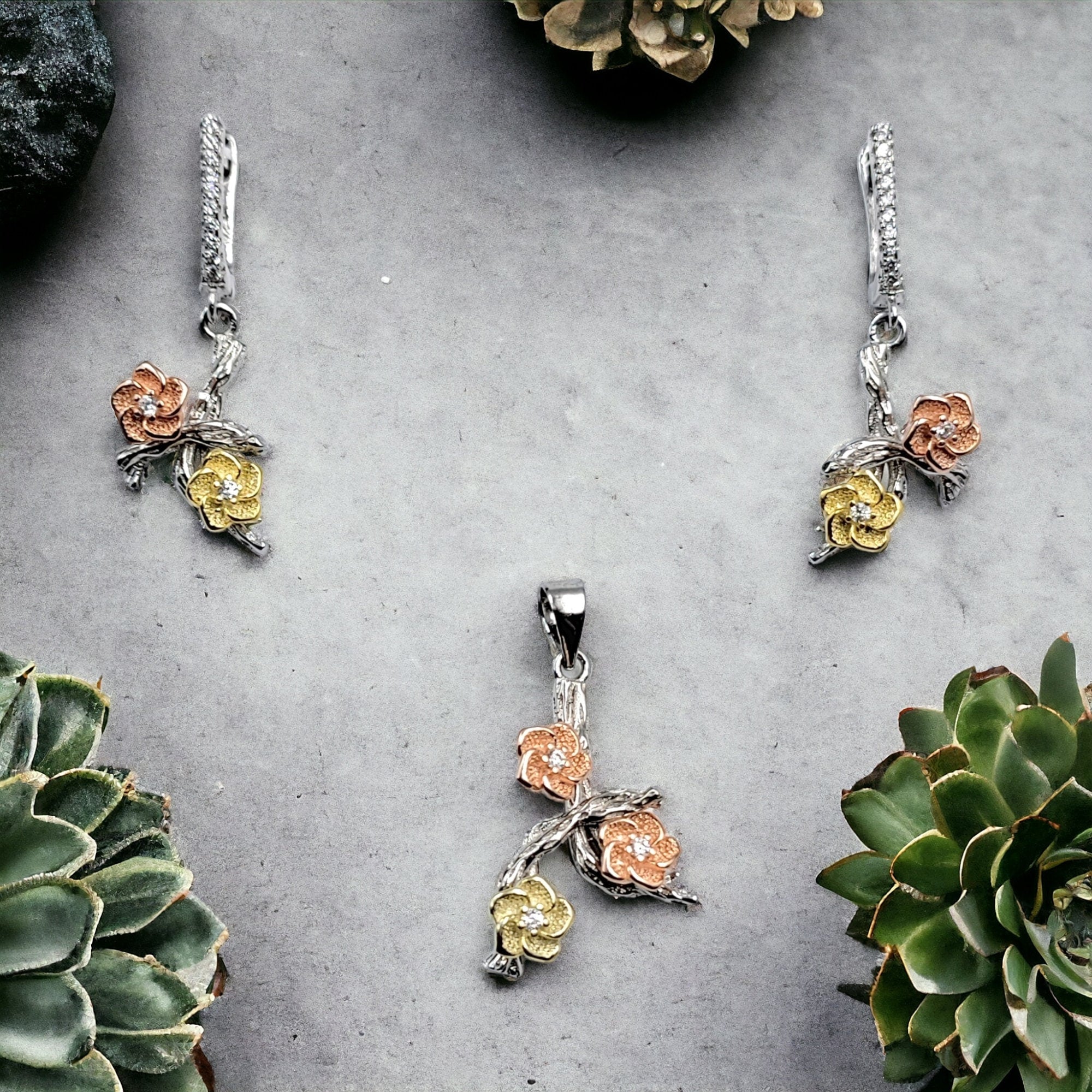 Minimalist Pretty Floral Rose Dangle Drop Earrings With English Lock and Pendant Set 925 Sterling Silver Handmade Gift