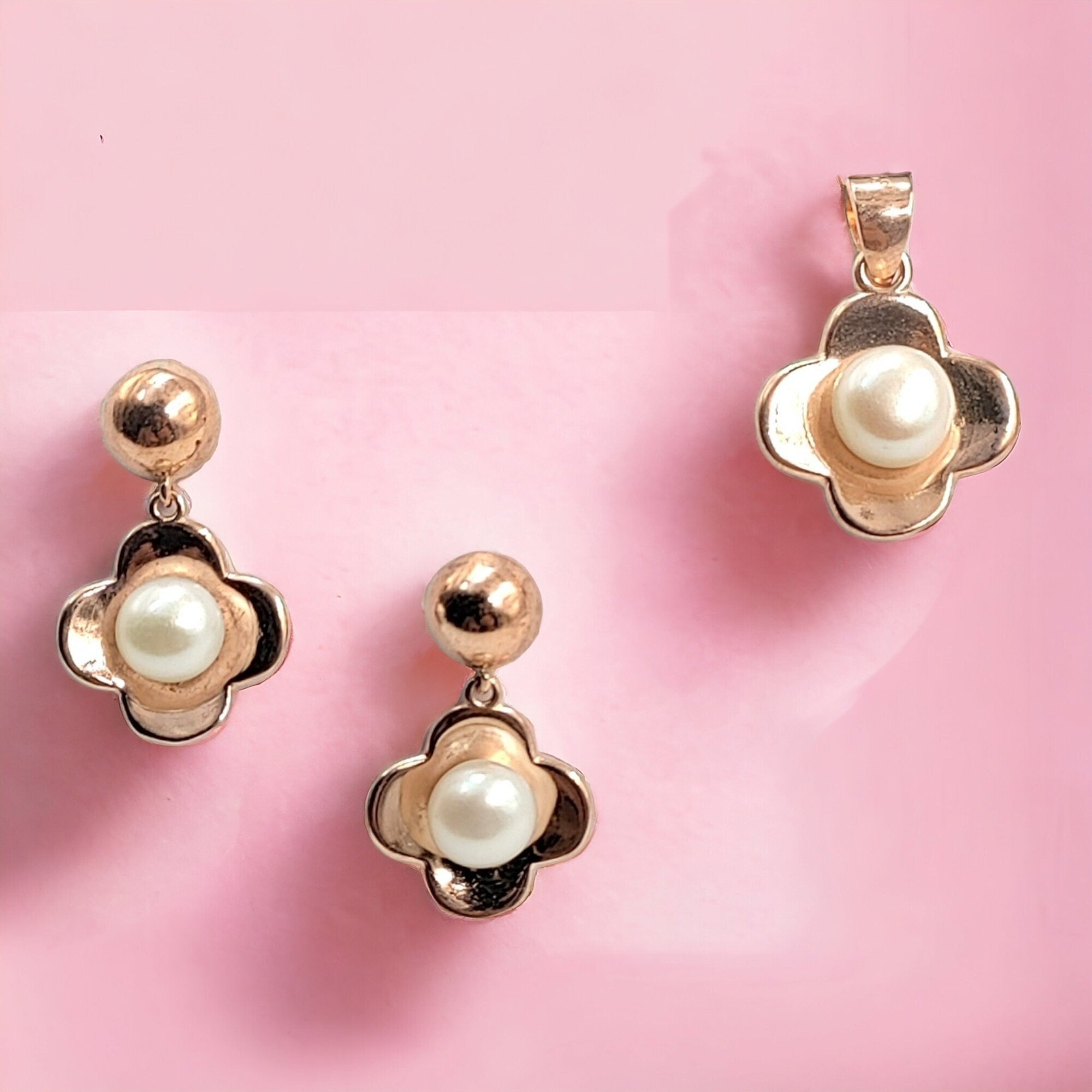 925 Sterling Silver Rose Gold Color with Pearl Flower Pretty Drop Earrings and Pendant Set Minimalist Handmade Gift