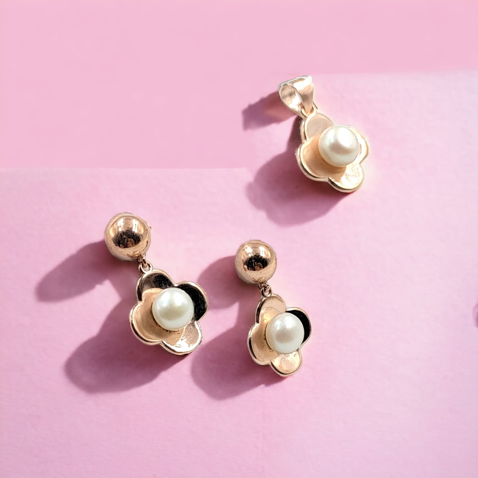 925 Sterling Silver Rose Gold Color with Pearl Flower Pretty Drop Earrings and Pendant Set Minimalist Handmade Gift
