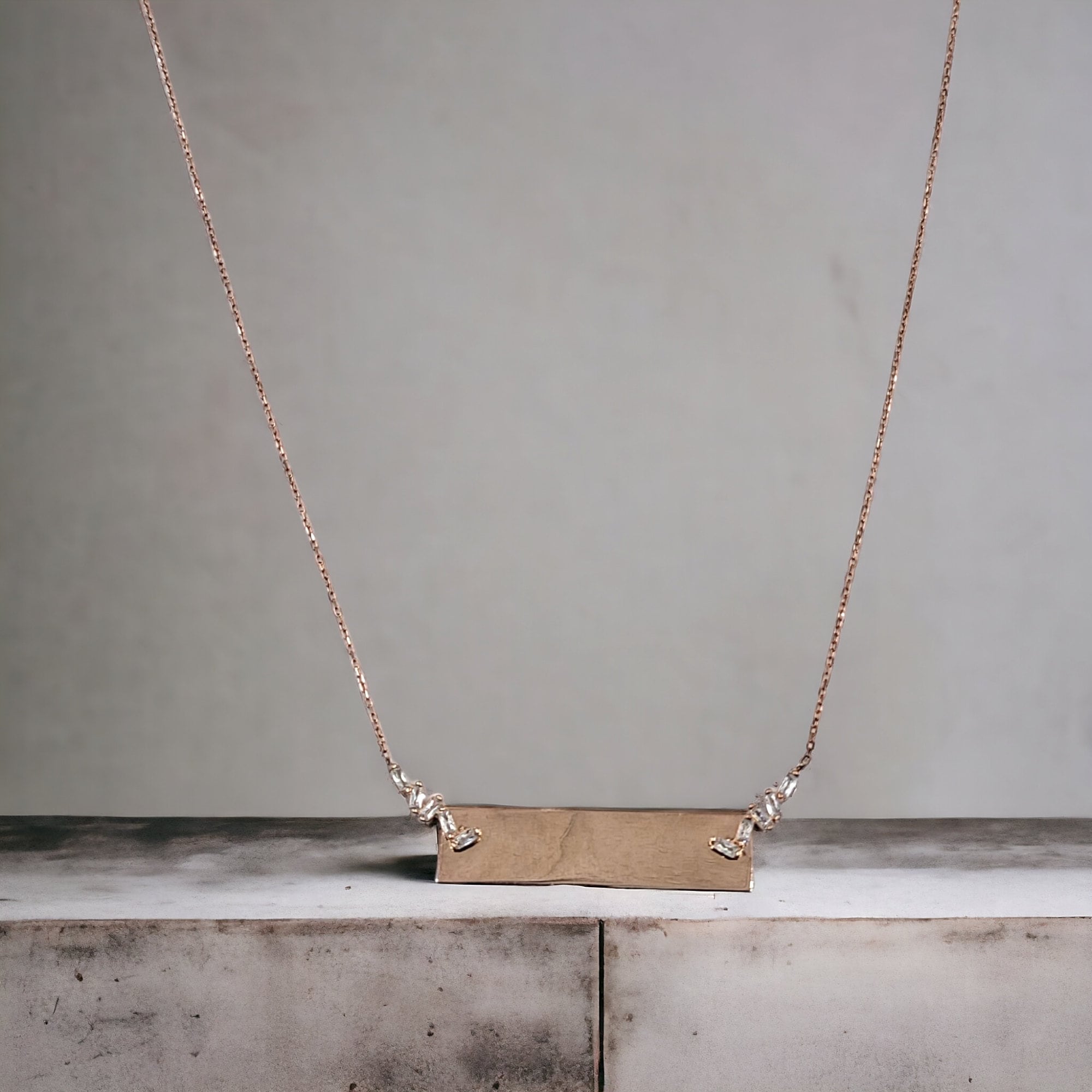 925 Sterling Silver Rectangular Rose Gold Plated Bar Penadant with CZ Zigzag Pattern Pendant Beautiful Necklace set Minimalist Handmade Gift