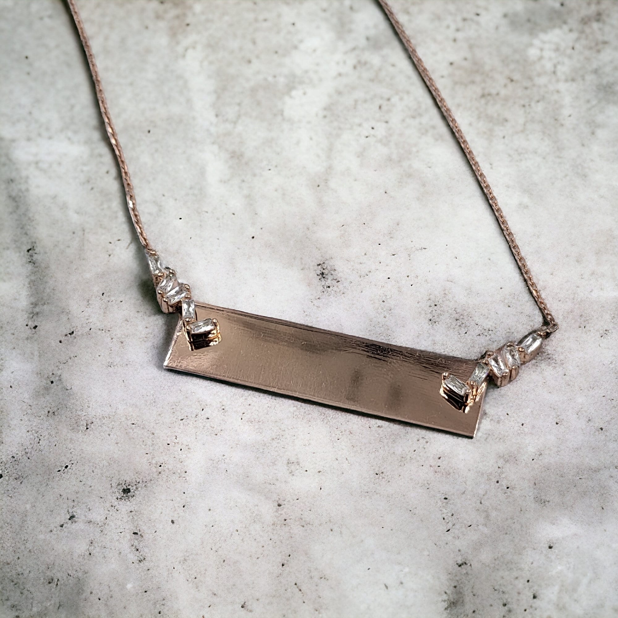 925 Sterling Silver Rectangular Rose Gold Plated Bar Penadant with CZ Zigzag Pattern Pendant Beautiful Necklace set Minimalist Handmade Gift