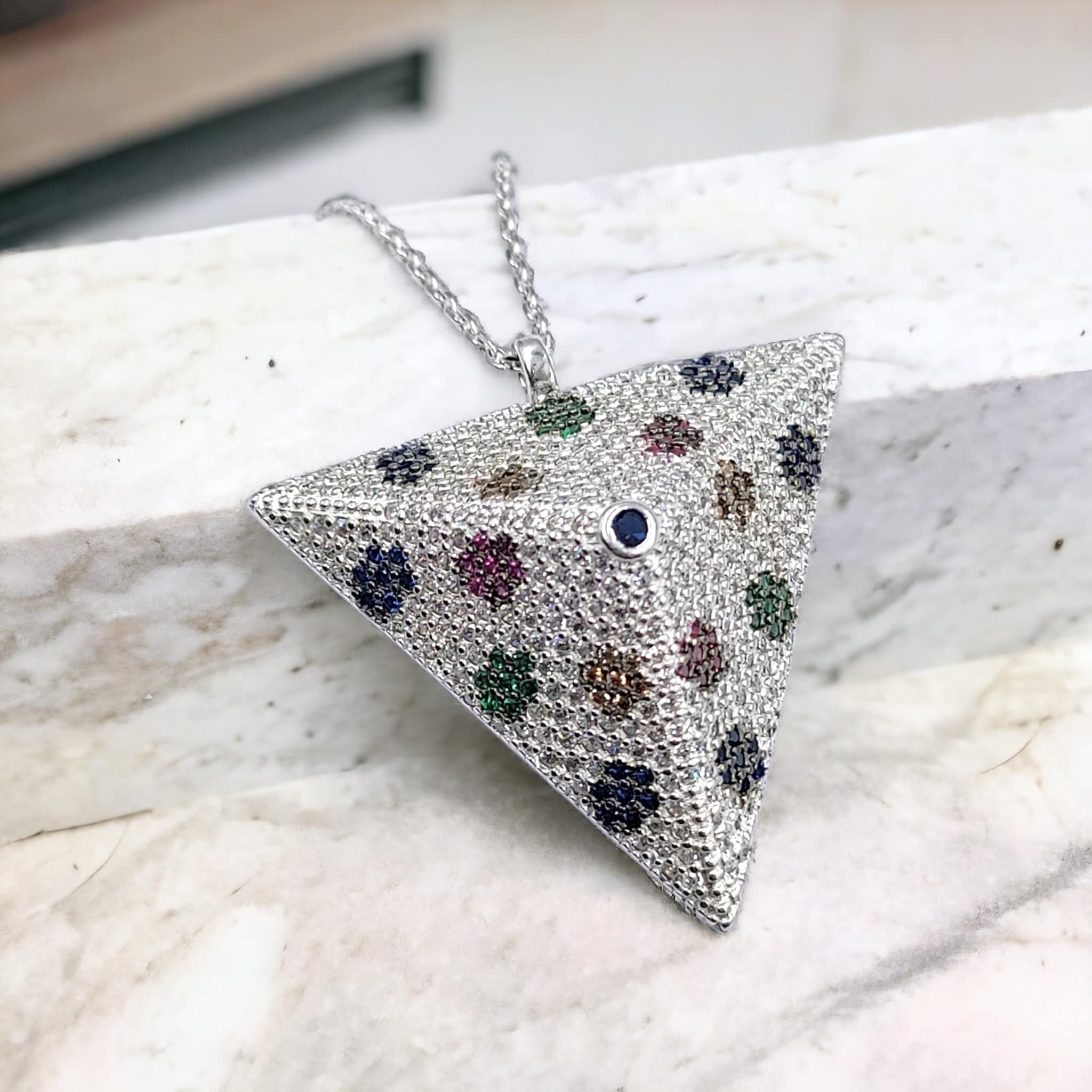 Big Traingle Pyramid Pendant Mixed Necklace Pendant Chain for Women Minimalist CZ Jewellery Handmade Gift in 925 Streling Silver