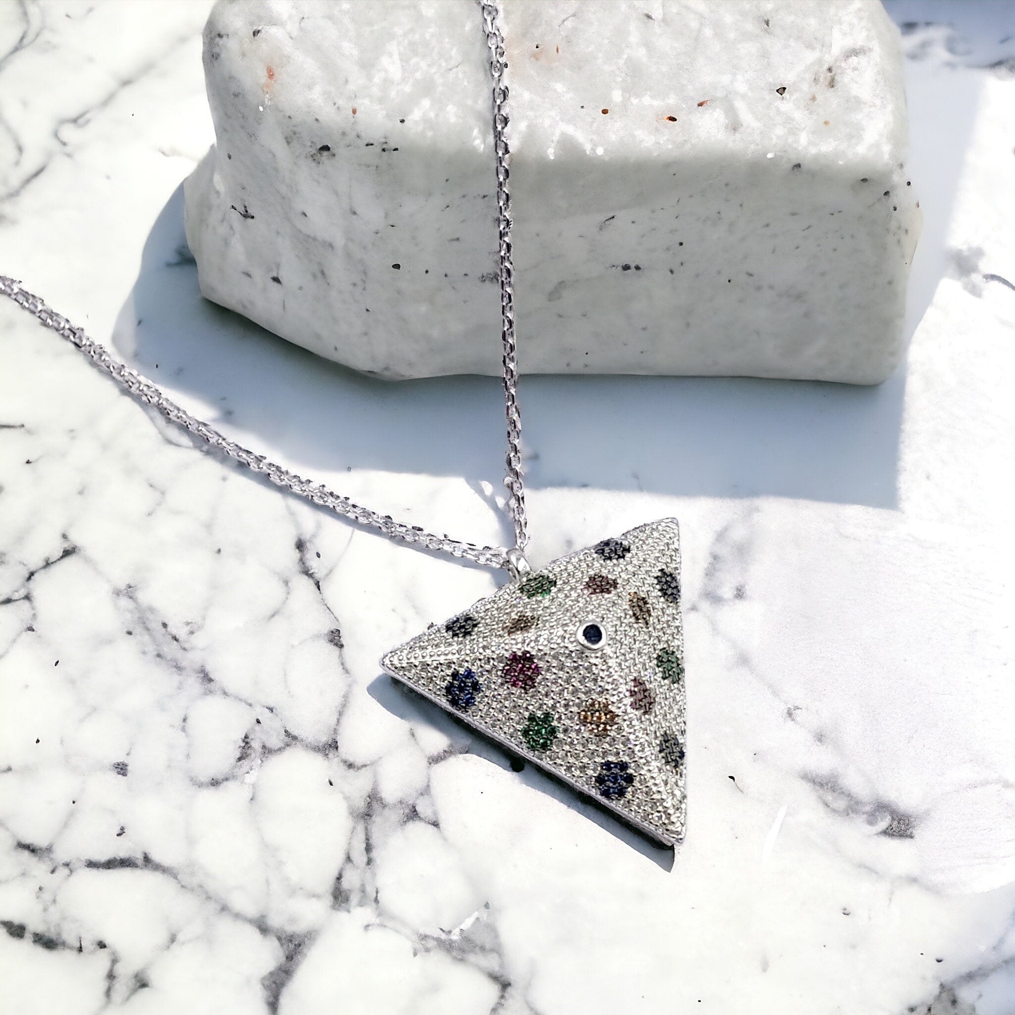Big Traingle Pyramid Pendant Mixed Necklace Pendant Chain for Women Minimalist CZ Jewellery Handmade Gift in 925 Streling Silver
