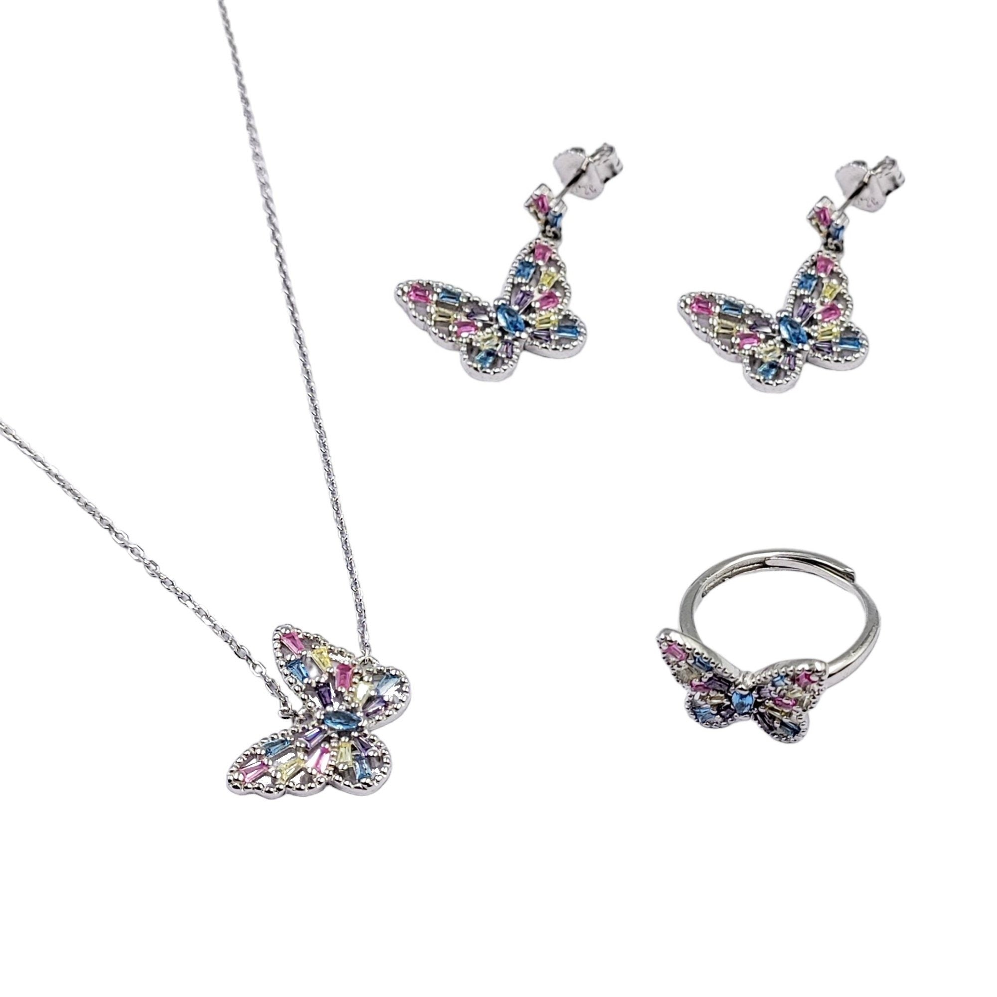 Beautifull Colorfull CZ Butterly Necklace,Earrings,Adjustable Ring Set for Wedding,Engagment in 925 Sterling Silver Minimalist Handmade Gift for her